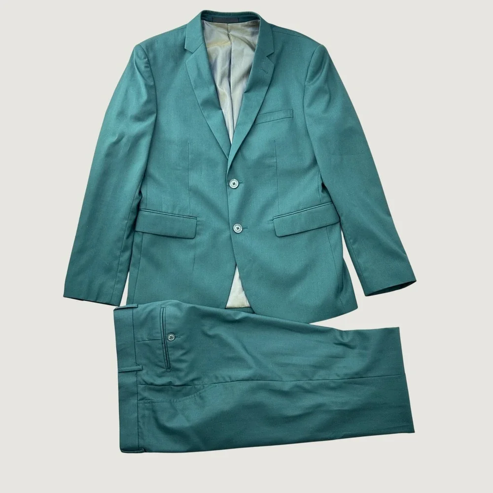Braveman Mens Slim Fit 2 Piece Suit Teal Green Two Button Blazer Pants Set